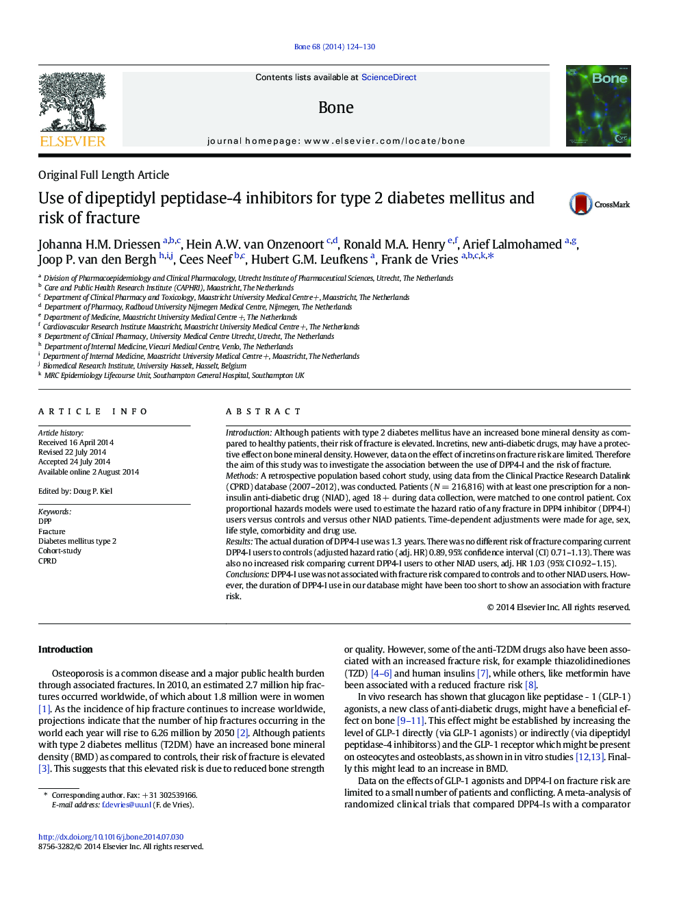 Use of dipeptidyl peptidase-4 inhibitors for type 2 diabetes mellitus and risk of fracture