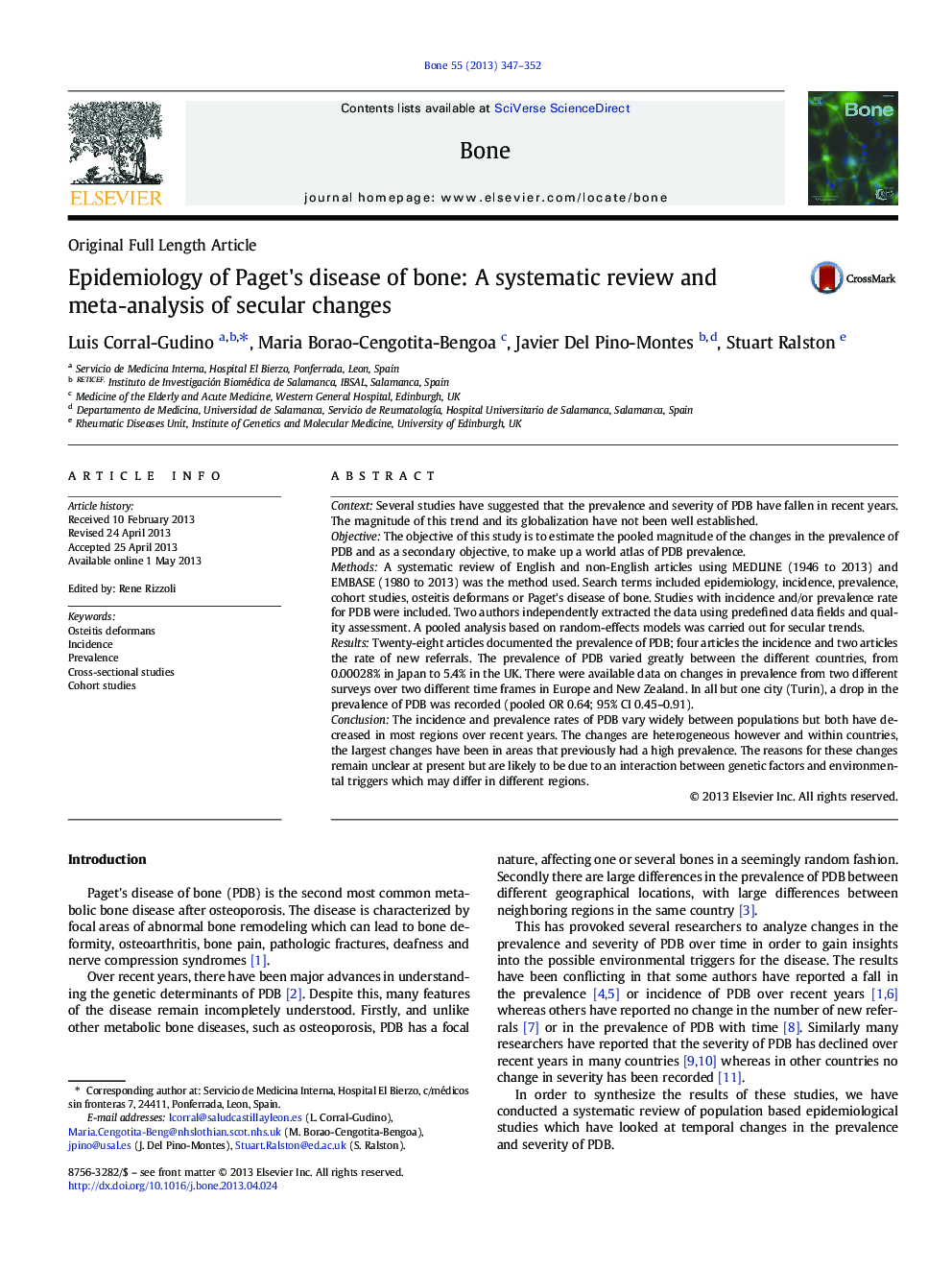 Epidemiology of Paget's disease of bone: A systematic review and meta-analysis of secular changes