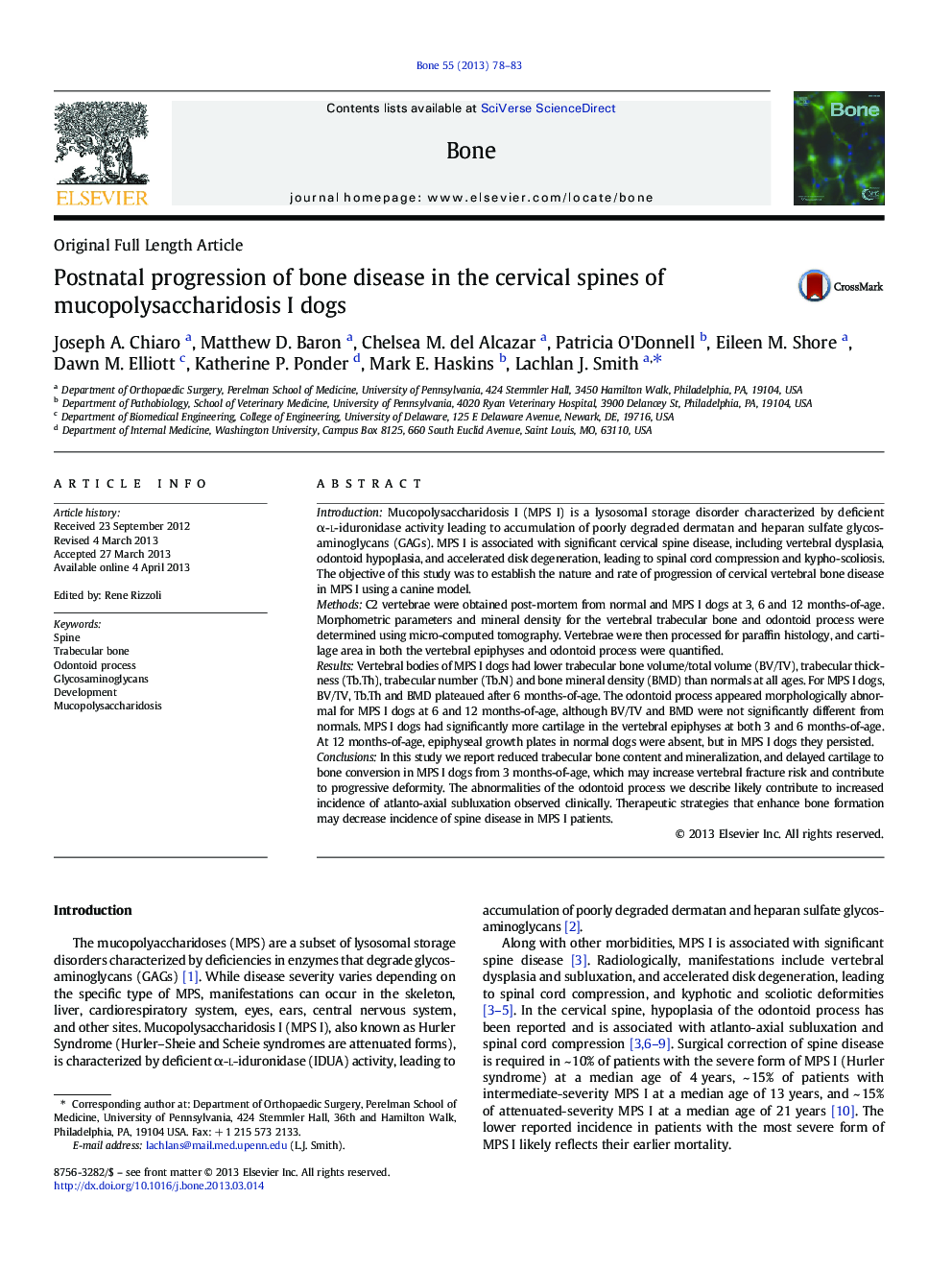 Postnatal progression of bone disease in the cervical spines of mucopolysaccharidosis I dogs