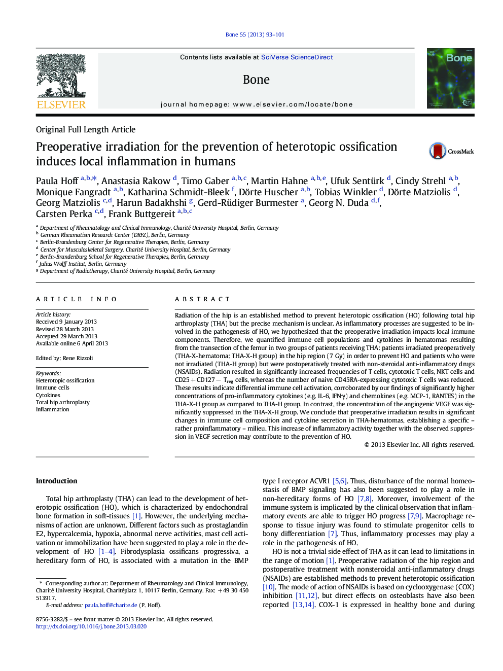 Preoperative irradiation for the prevention of heterotopic ossification induces local inflammation in humans