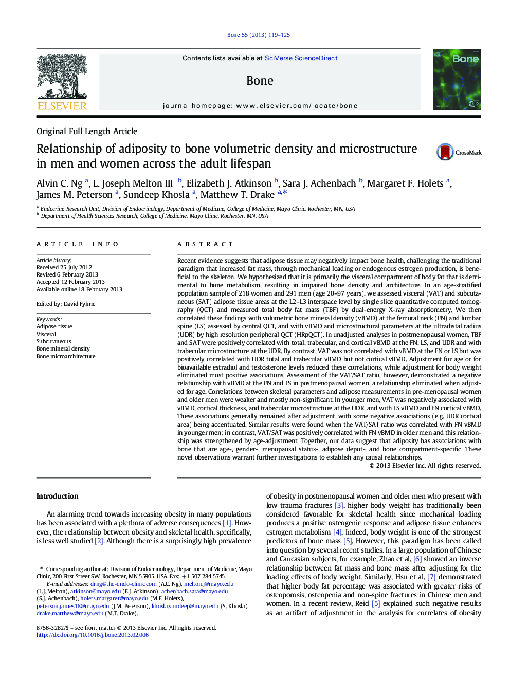 Relationship of adiposity to bone volumetric density and microstructure in men and women across the adult lifespan