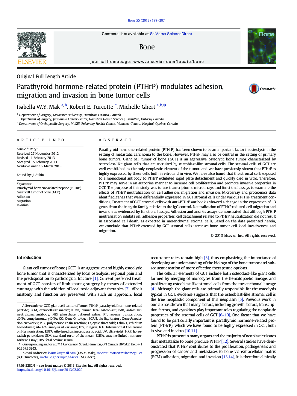 Parathyroid hormone-related protein (PTHrP) modulates adhesion, migration and invasion in bone tumor cells