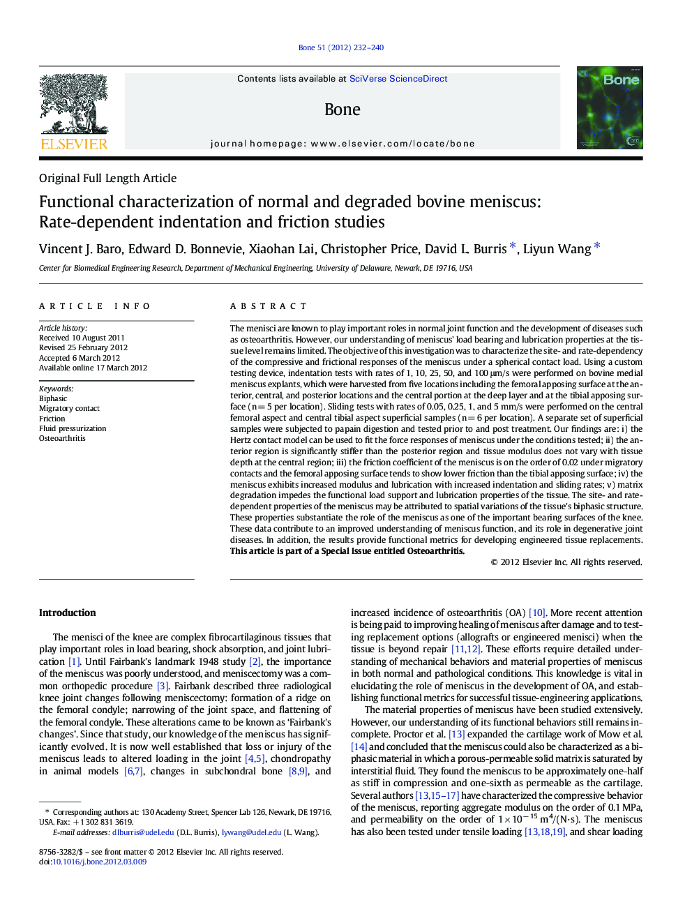 Functional characterization of normal and degraded bovine meniscus: Rate-dependent indentation and friction studies