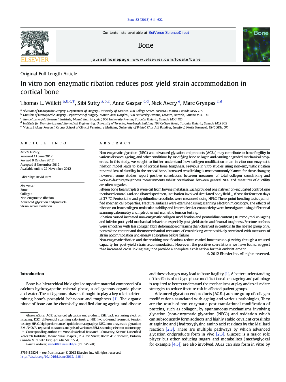 In vitro non-enzymatic ribation reduces post-yield strain accommodation in cortical bone