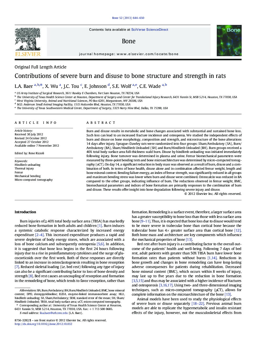 Contributions of severe burn and disuse to bone structure and strength in rats