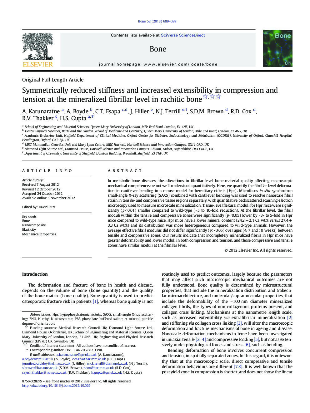 Symmetrically reduced stiffness and increased extensibility in compression and tension at the mineralized fibrillar level in rachitic bone 