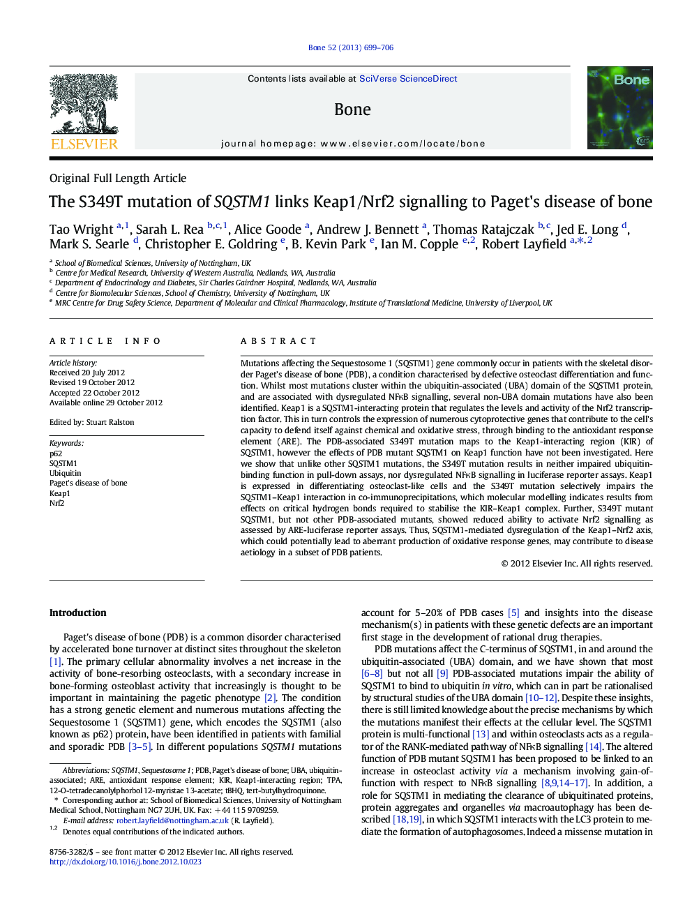 The S349T mutation of SQSTM1 links Keap1/Nrf2 signalling to Paget's disease of bone