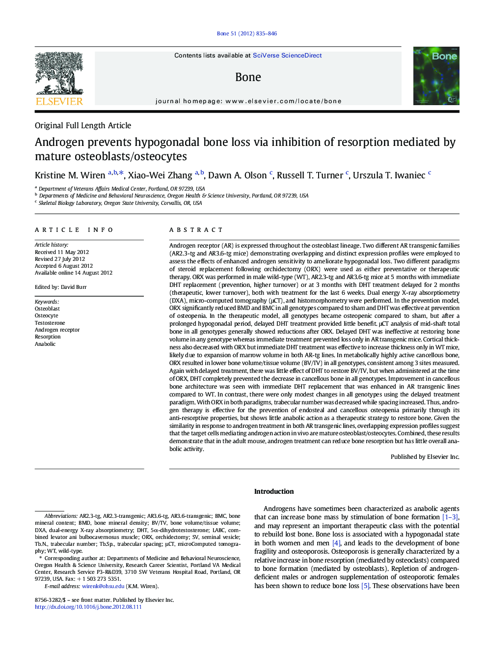 Androgen prevents hypogonadal bone loss via inhibition of resorption mediated by mature osteoblasts/osteocytes