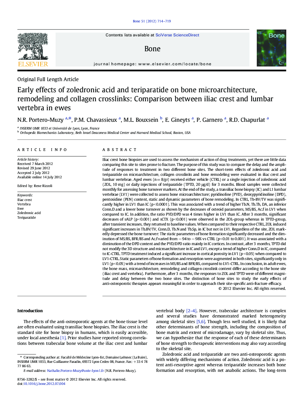 Early effects of zoledronic acid and teriparatide on bone microarchitecture, remodeling and collagen crosslinks: Comparison between iliac crest and lumbar vertebra in ewes