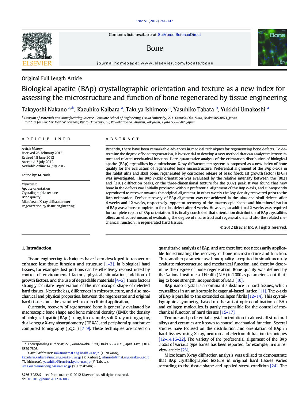 Biological apatite (BAp) crystallographic orientation and texture as a new index for assessing the microstructure and function of bone regenerated by tissue engineering