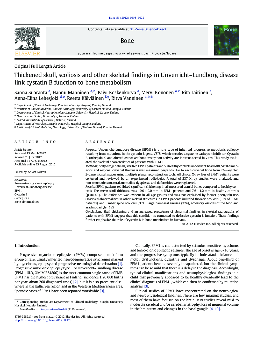 Thickened skull, scoliosis and other skeletal findings in Unverricht–Lundborg disease link cystatin B function to bone metabolism