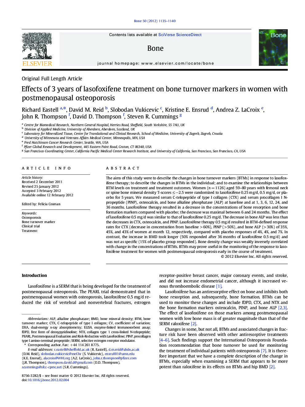 Effects of 3 years of lasofoxifene treatment on bone turnover markers in women with postmenopausal osteoporosis