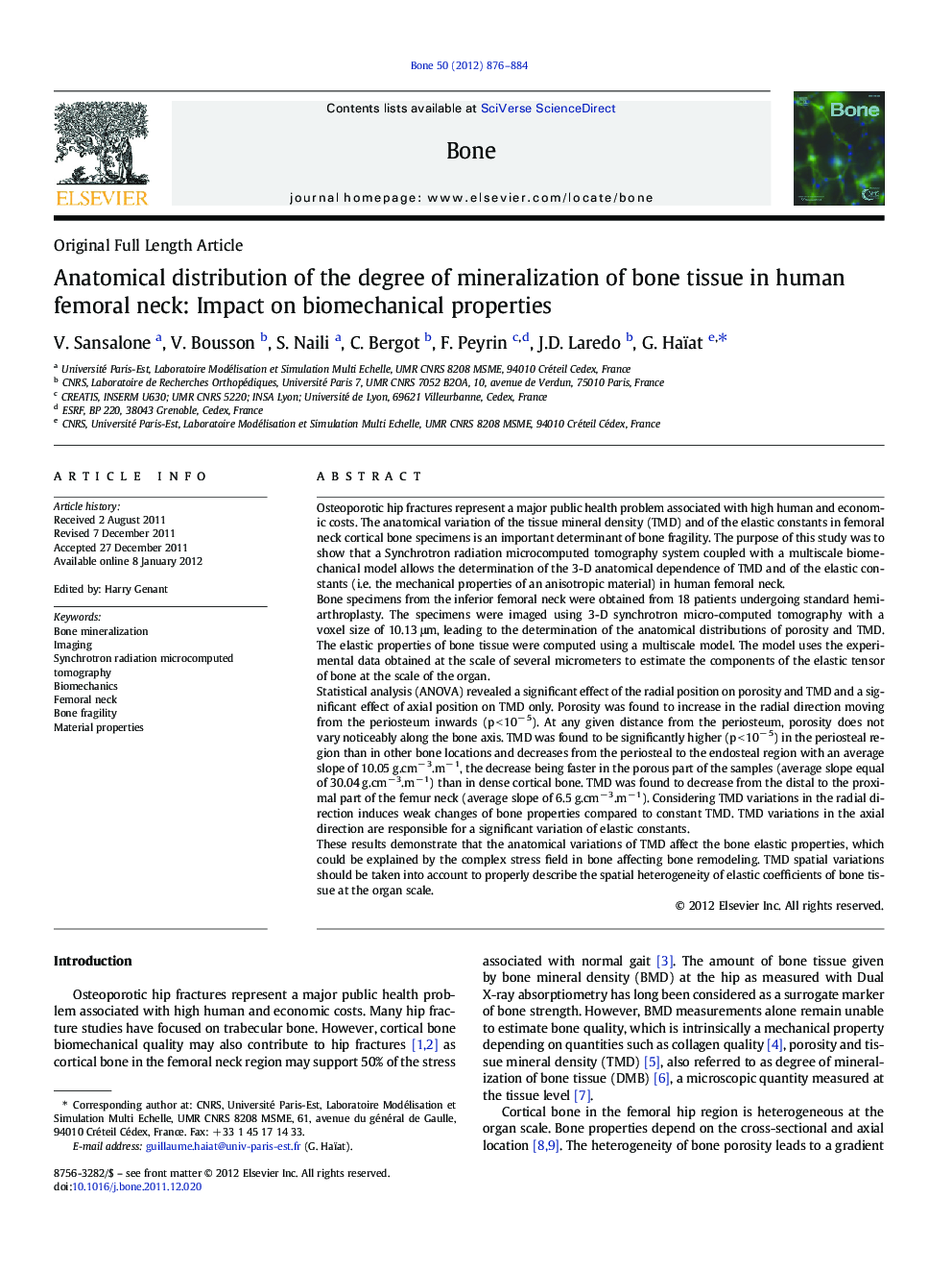 Anatomical distribution of the degree of mineralization of bone tissue in human femoral neck: Impact on biomechanical properties