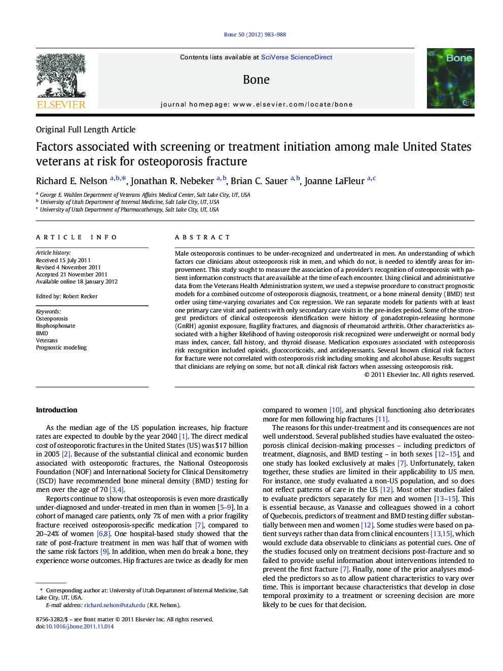 Factors associated with screening or treatment initiation among male United States veterans at risk for osteoporosis fracture