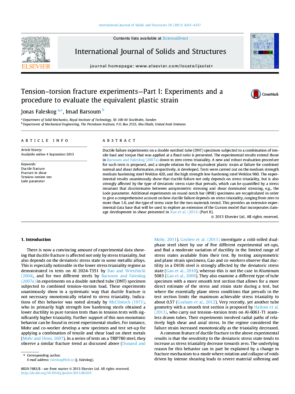 Tension–torsion fracture experiments—Part I: Experiments and a procedure to evaluate the equivalent plastic strain