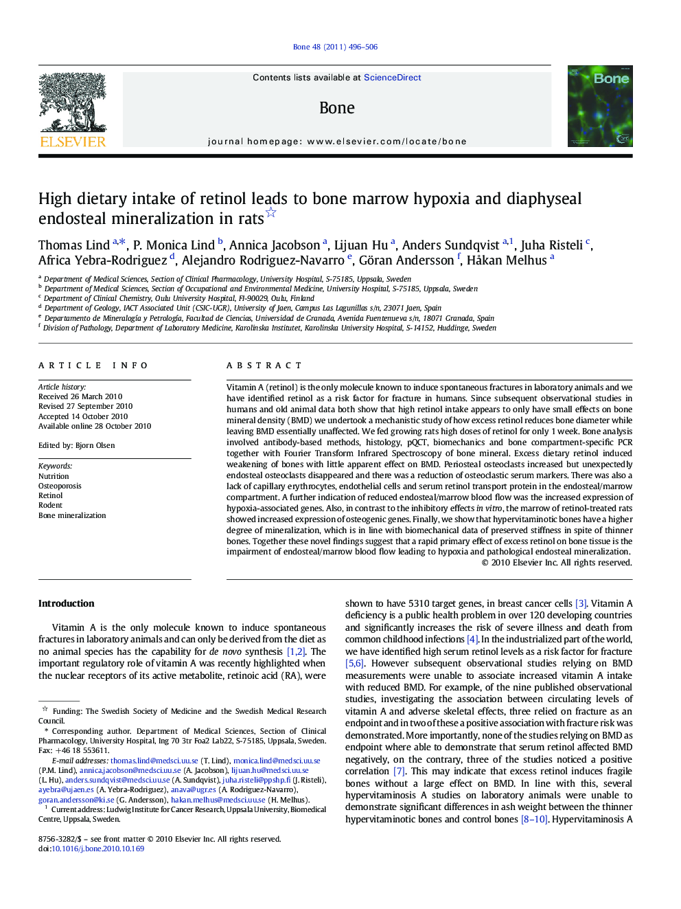 High dietary intake of retinol leads to bone marrow hypoxia and diaphyseal endosteal mineralization in rats 