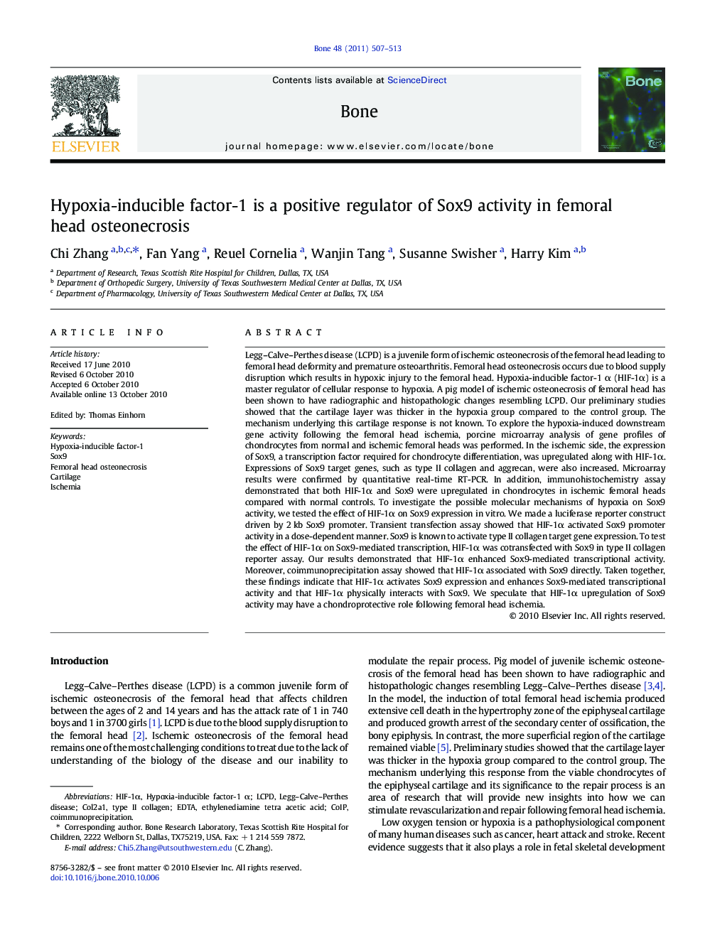 Hypoxia-inducible factor-1 is a positive regulator of Sox9 activity in femoral head osteonecrosis