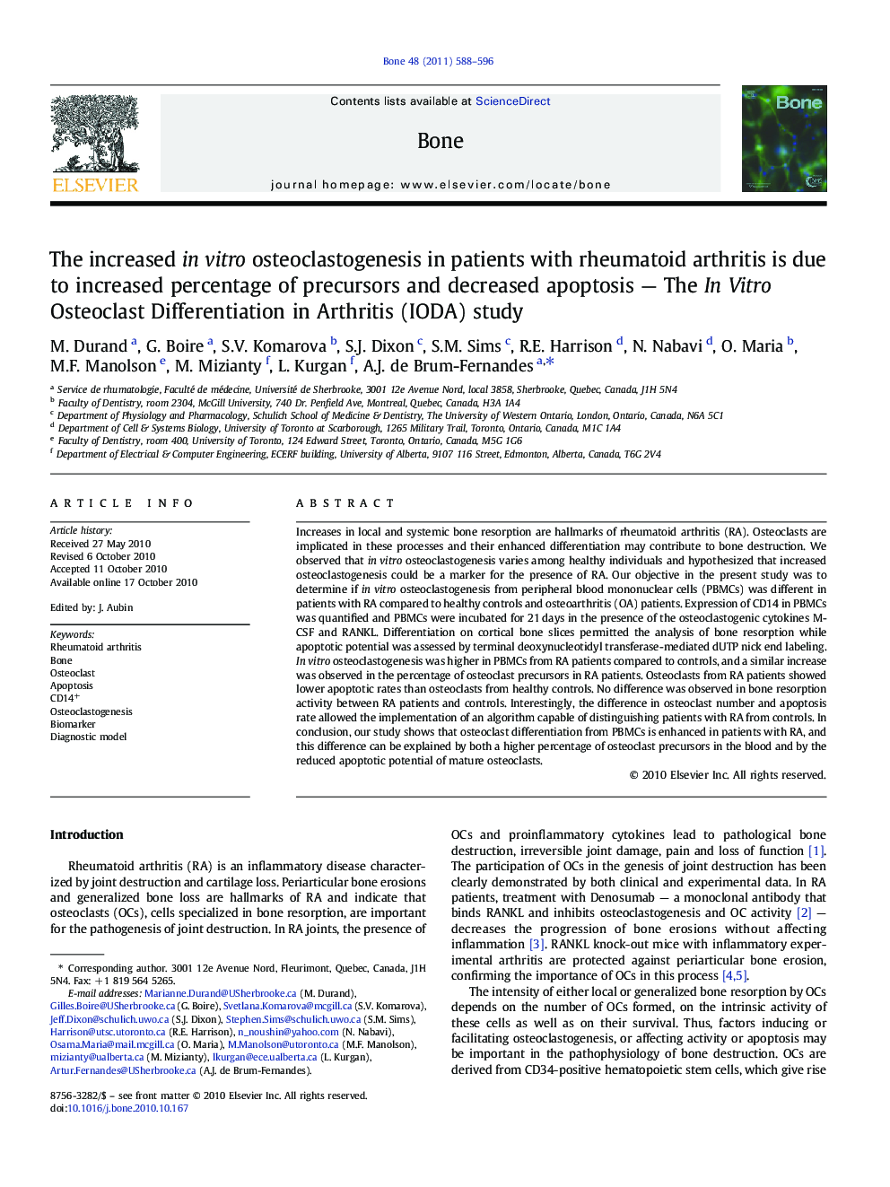 The increased in vitro osteoclastogenesis in patients with rheumatoid arthritis is due to increased percentage of precursors and decreased apoptosis — The In Vitro Osteoclast Differentiation in Arthritis (IODA) study