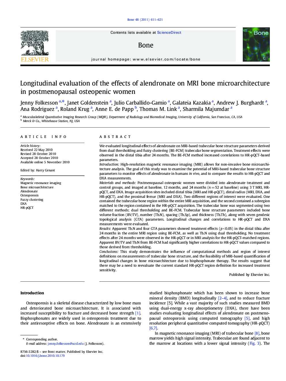 Longitudinal evaluation of the effects of alendronate on MRI bone microarchitecture in postmenopausal osteopenic women