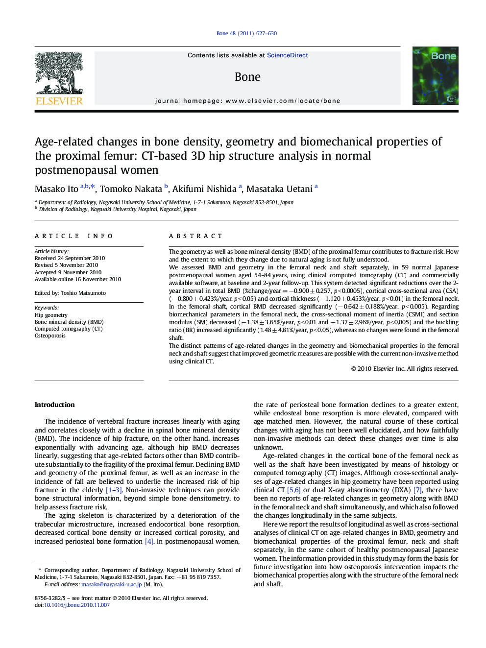 Age-related changes in bone density, geometry and biomechanical properties of the proximal femur: CT-based 3D hip structure analysis in normal postmenopausal women