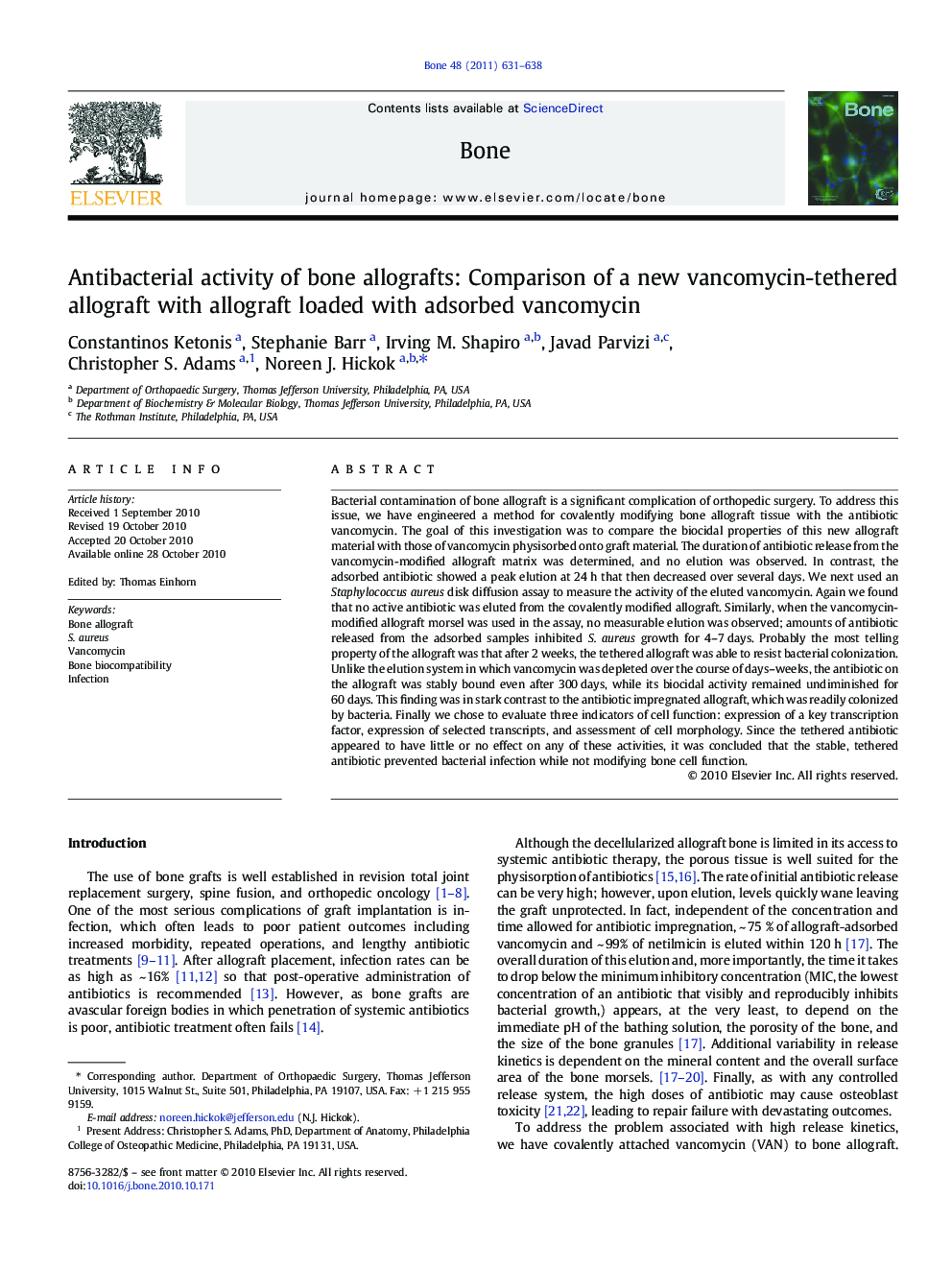 Antibacterial activity of bone allografts: Comparison of a new vancomycin-tethered allograft with allograft loaded with adsorbed vancomycin