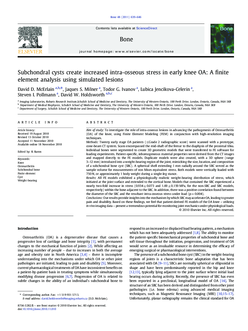 Subchondral cysts create increased intra-osseous stress in early knee OA: A finite element analysis using simulated lesions