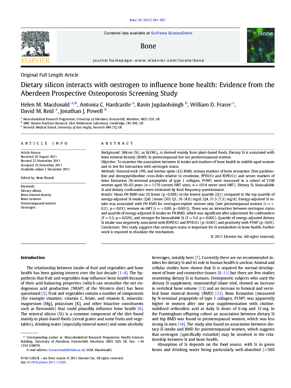 Dietary silicon interacts with oestrogen to influence bone health: Evidence from the Aberdeen Prospective Osteoporosis Screening Study