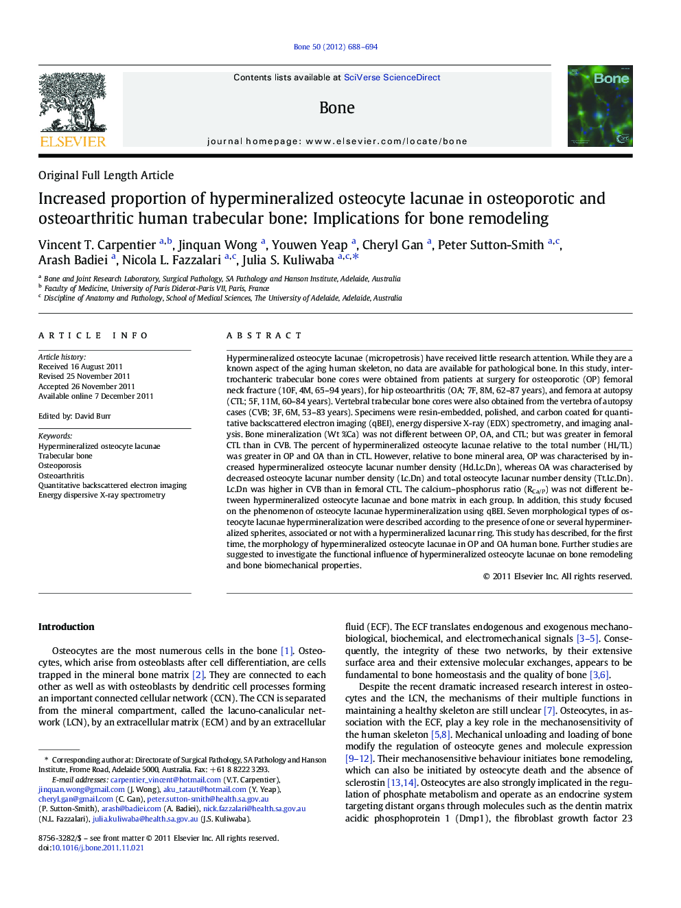 Increased proportion of hypermineralized osteocyte lacunae in osteoporotic and osteoarthritic human trabecular bone: Implications for bone remodeling