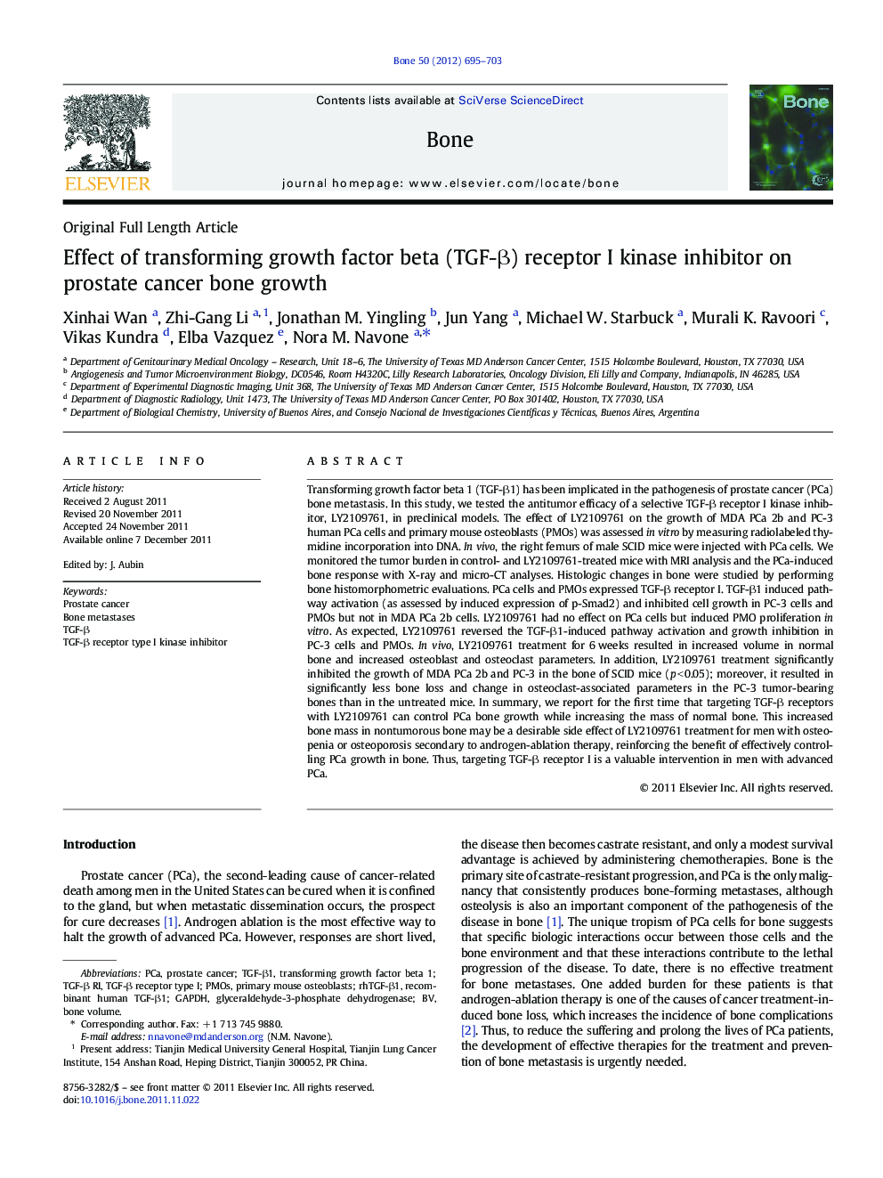 Effect of transforming growth factor beta (TGF-β) receptor I kinase inhibitor on prostate cancer bone growth