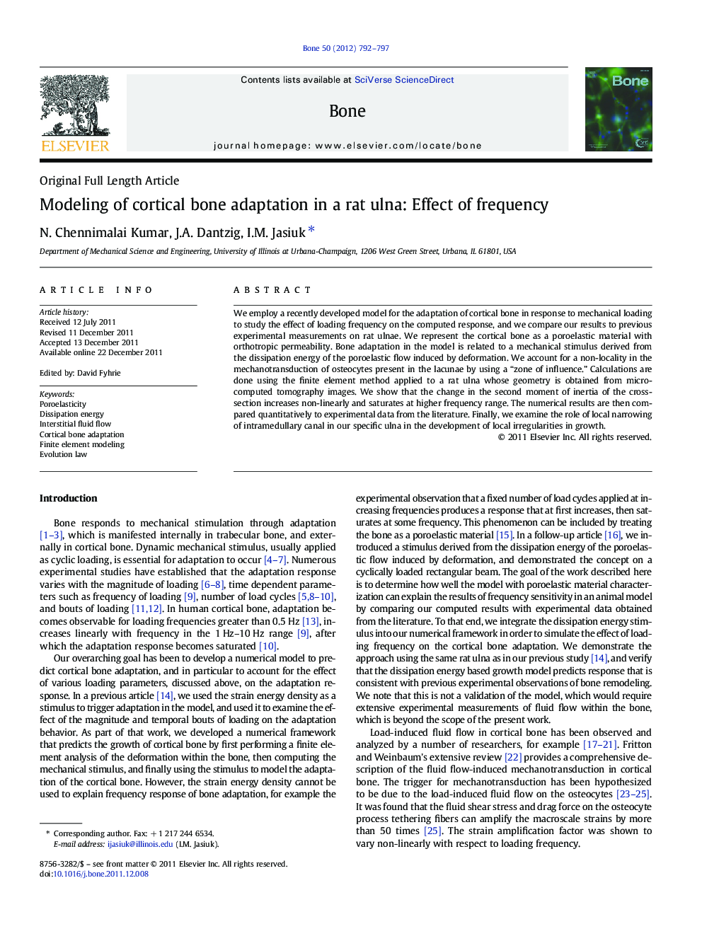 Modeling of cortical bone adaptation in a rat ulna: Effect of frequency