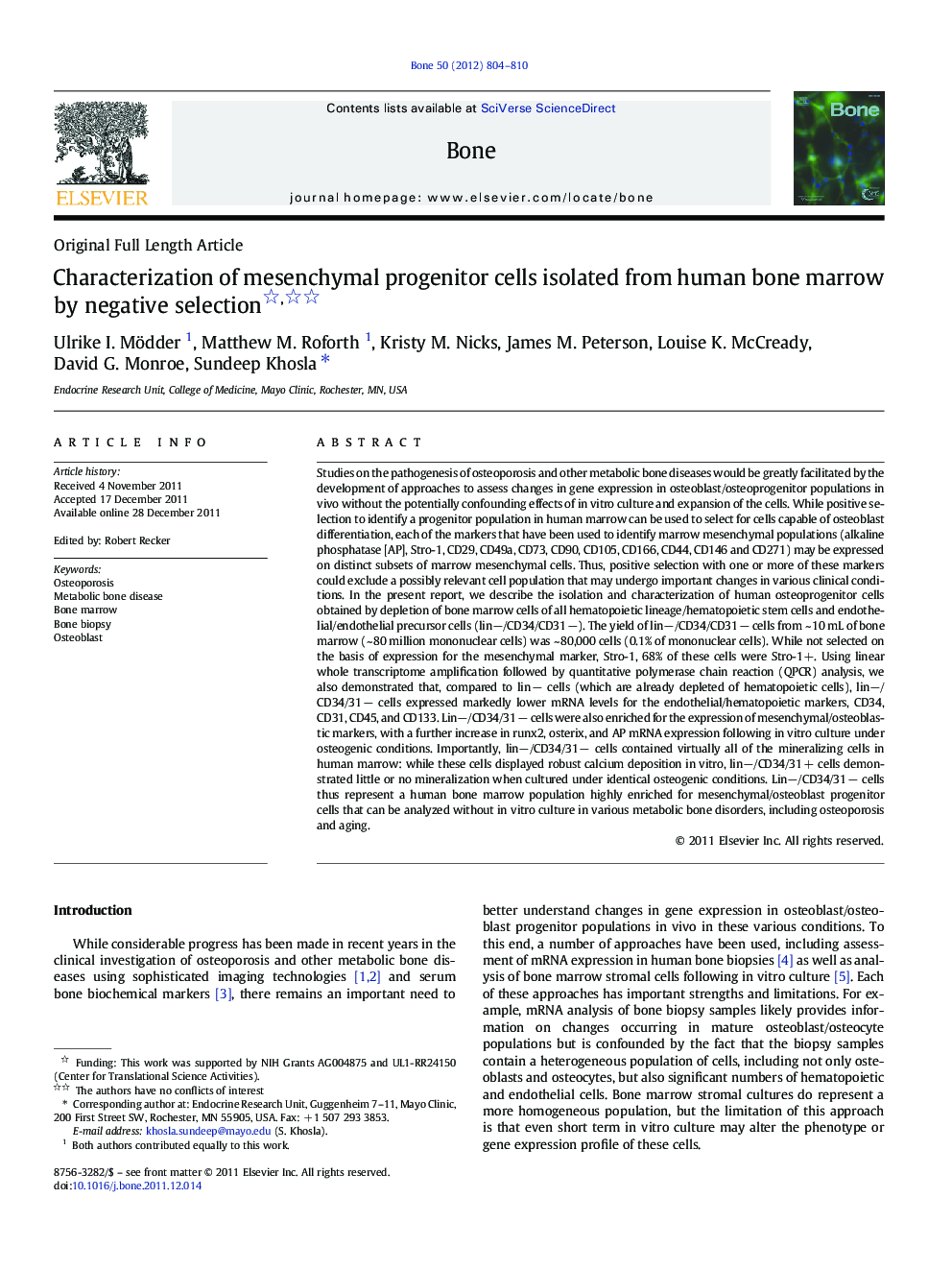 Characterization of mesenchymal progenitor cells isolated from human bone marrow by negative selection 