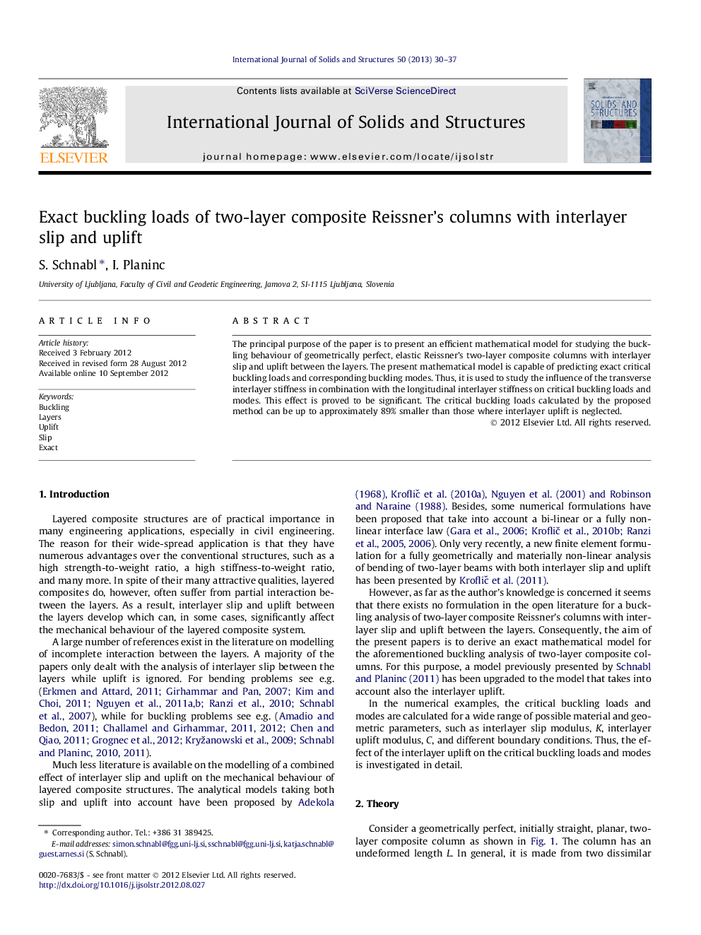 Exact buckling loads of two-layer composite Reissner’s columns with interlayer slip and uplift