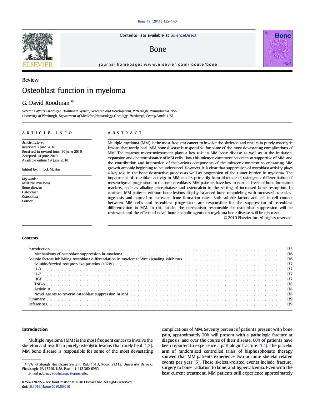 Osteoblast function in myeloma