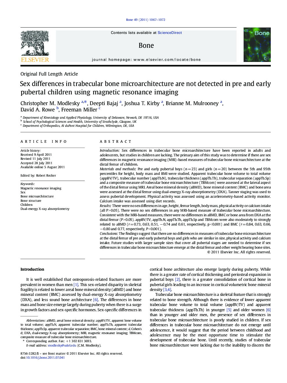 Sex differences in trabecular bone microarchitecture are not detected in pre and early pubertal children using magnetic resonance imaging