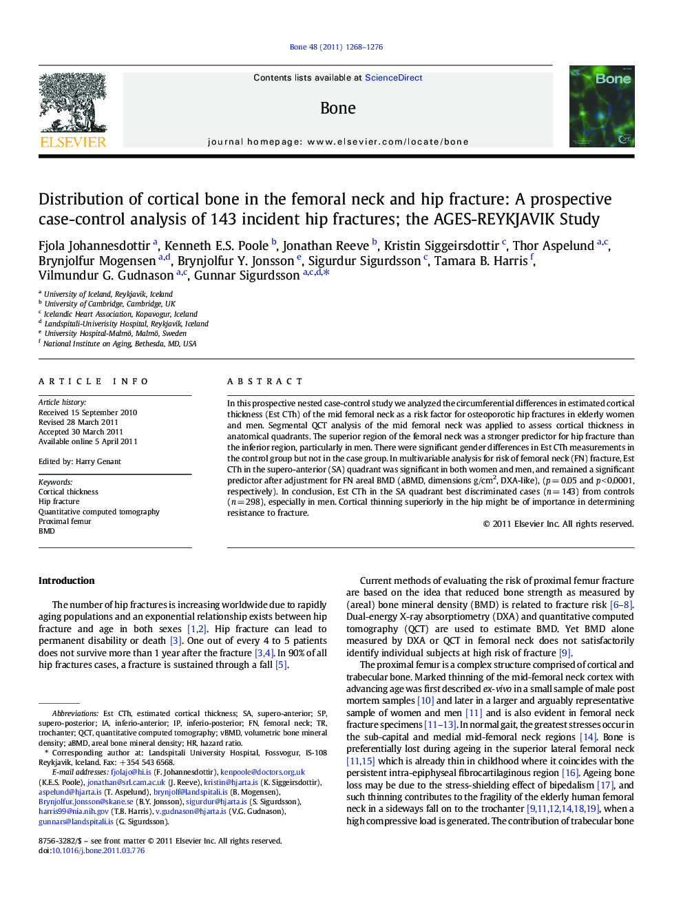 عکس صفحه اول مقاله: Distribution of cortical bone in the femoral neck and hip fracture: A prospective case-control analysis of 143 incident hip fractures; the AGES-REYKJAVIK Study Distribution of cortical bone in the femoral neck and hip fracture: A prospective case-control analysis of 143 incident hip fractures; the AGES-REYKJAVIK Study
