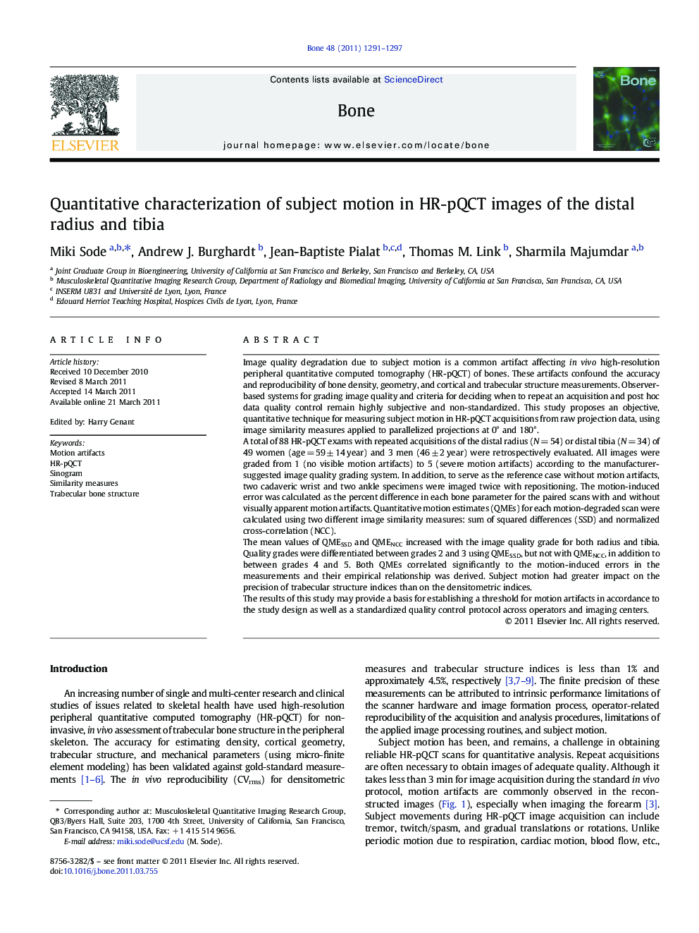 Quantitative characterization of subject motion in HR-pQCT images of the distal radius and tibia