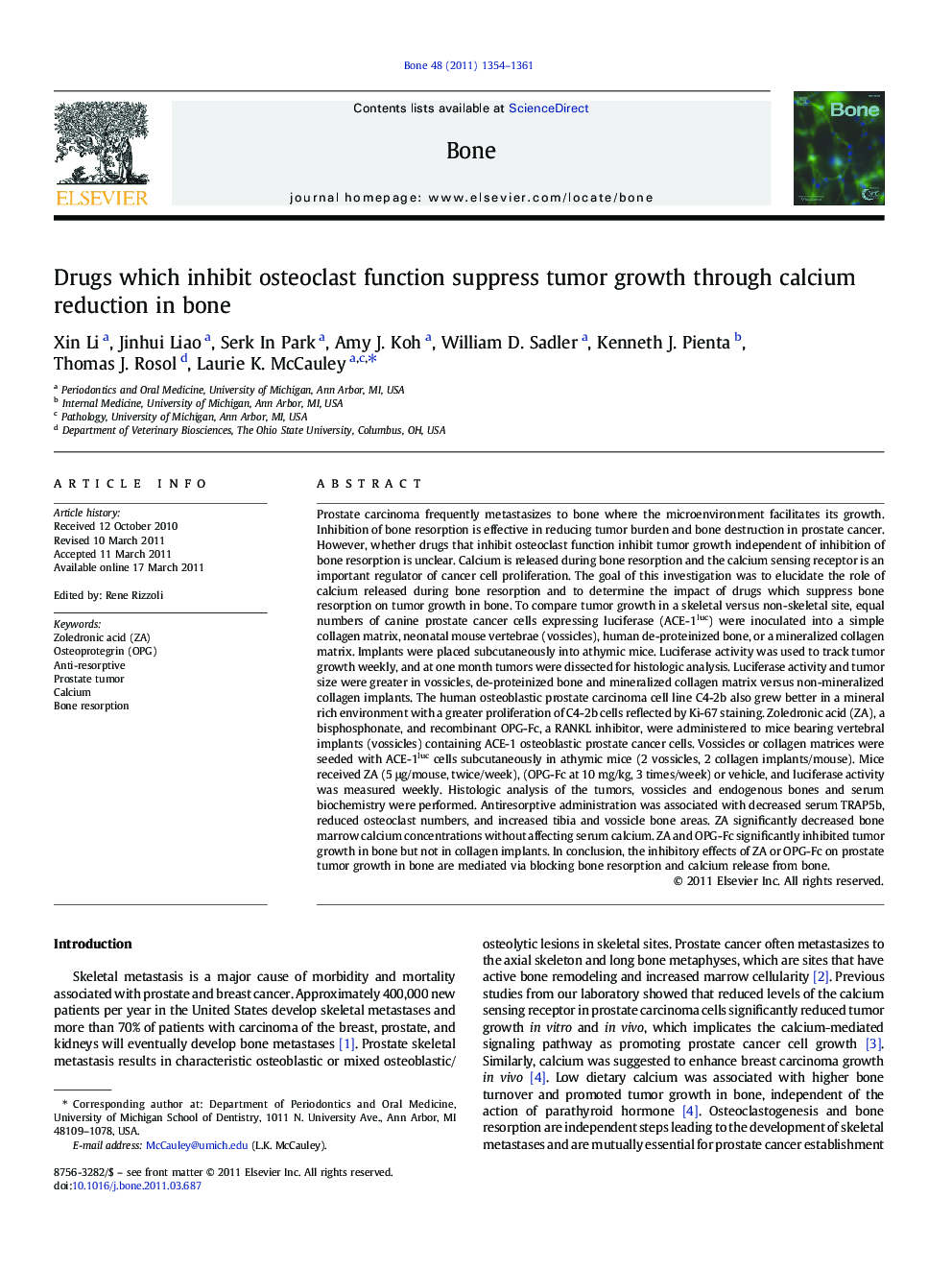 Drugs which inhibit osteoclast function suppress tumor growth through calcium reduction in bone