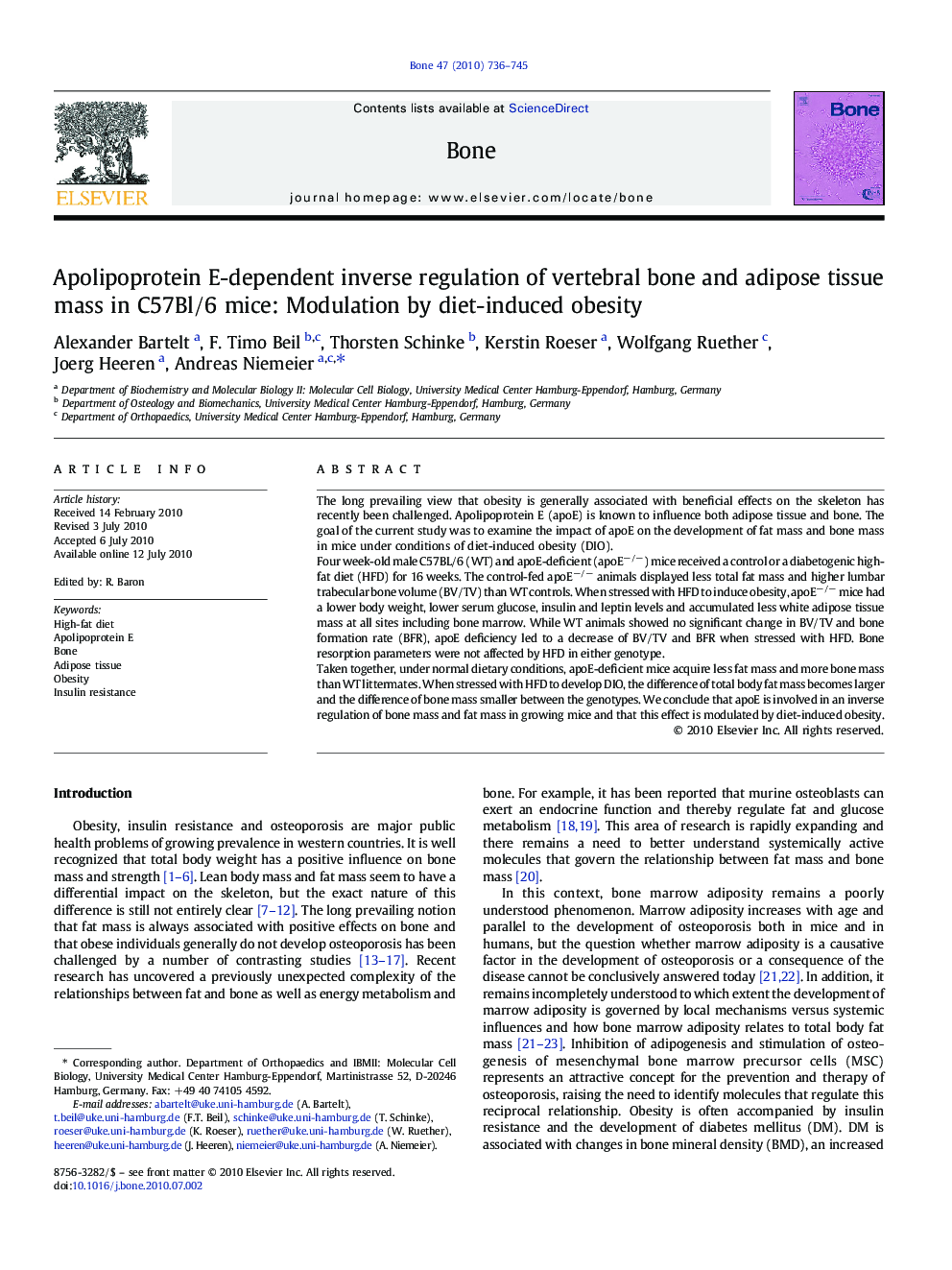 Apolipoprotein E-dependent inverse regulation of vertebral bone and adipose tissue mass in C57Bl/6 mice: Modulation by diet-induced obesity