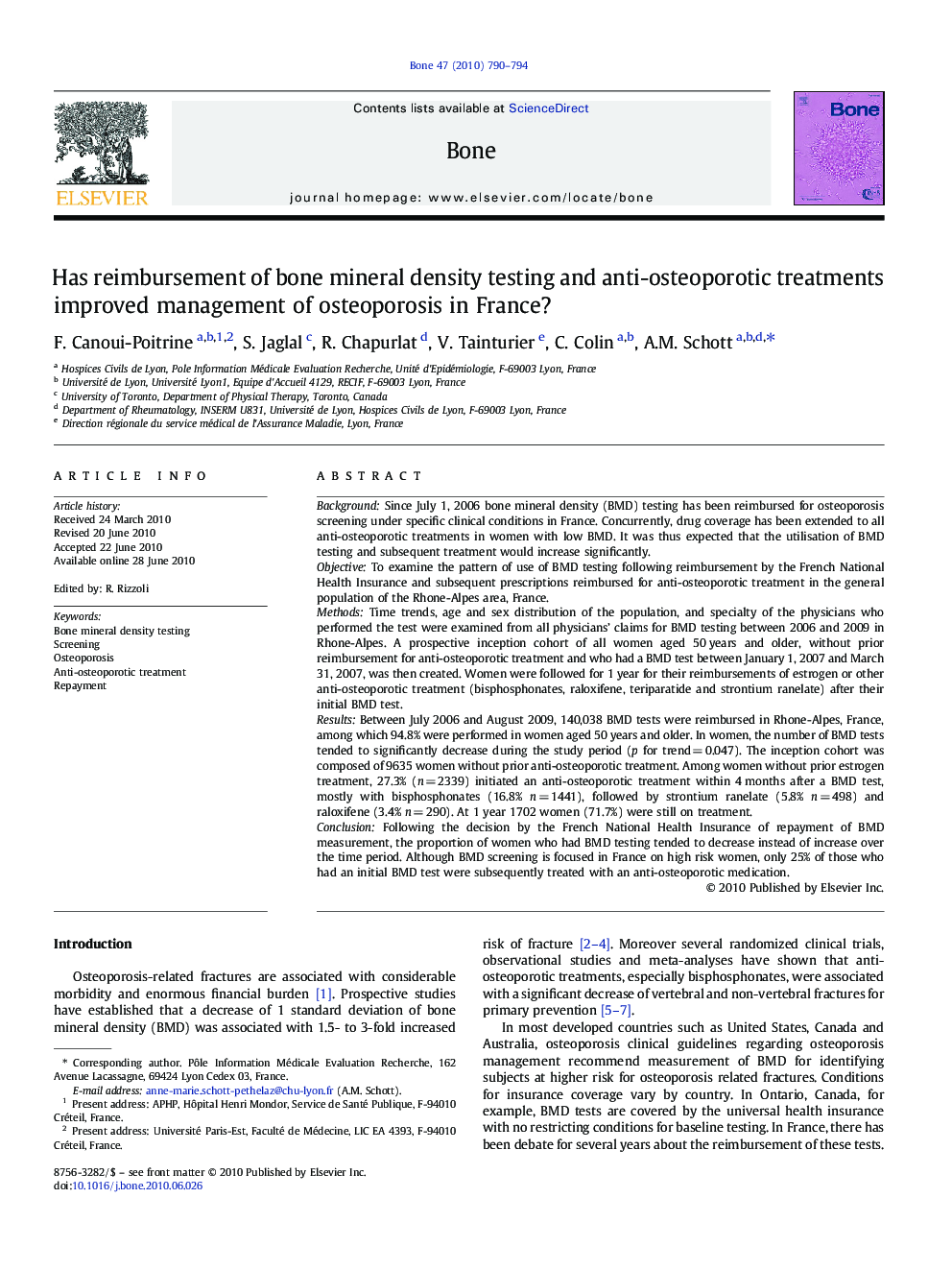 Has reimbursement of bone mineral density testing and anti-osteoporotic treatments improved management of osteoporosis in France?