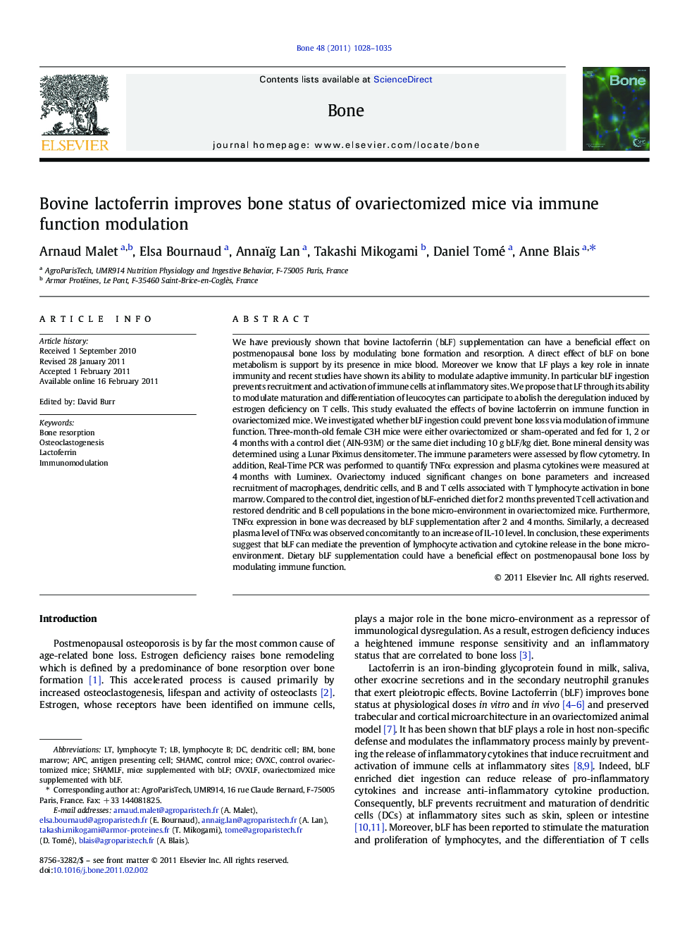 Bovine lactoferrin improves bone status of ovariectomized mice via immune function modulation