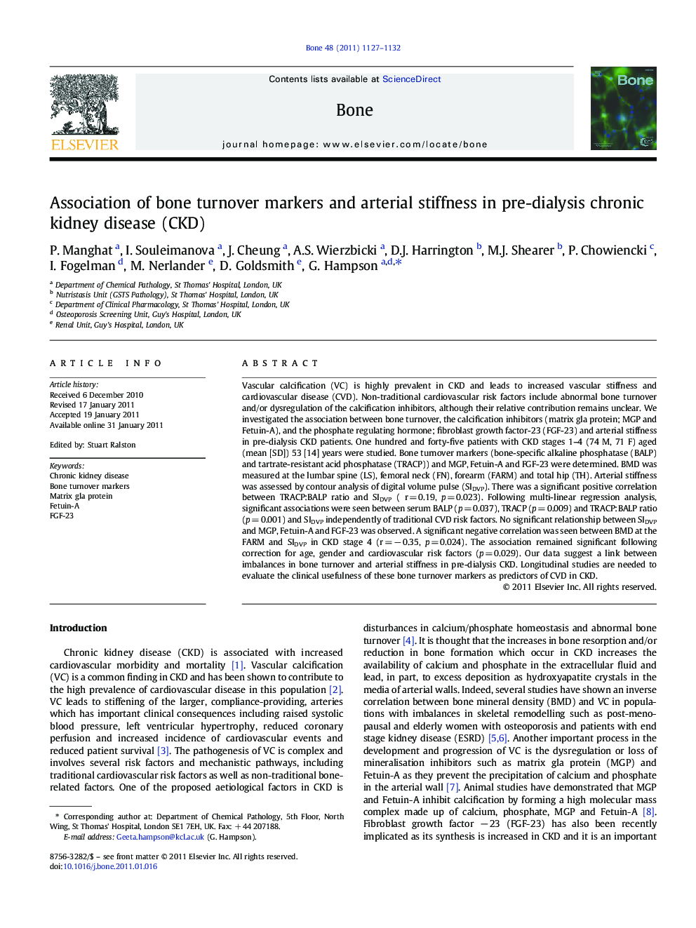 Association of bone turnover markers and arterial stiffness in pre-dialysis chronic kidney disease (CKD)