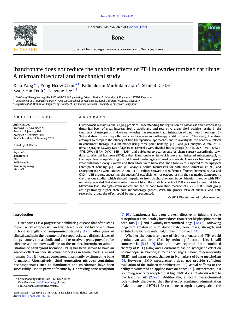 Ibandronate does not reduce the anabolic effects of PTH in ovariectomized rat tibiae: A microarchitectural and mechanical study