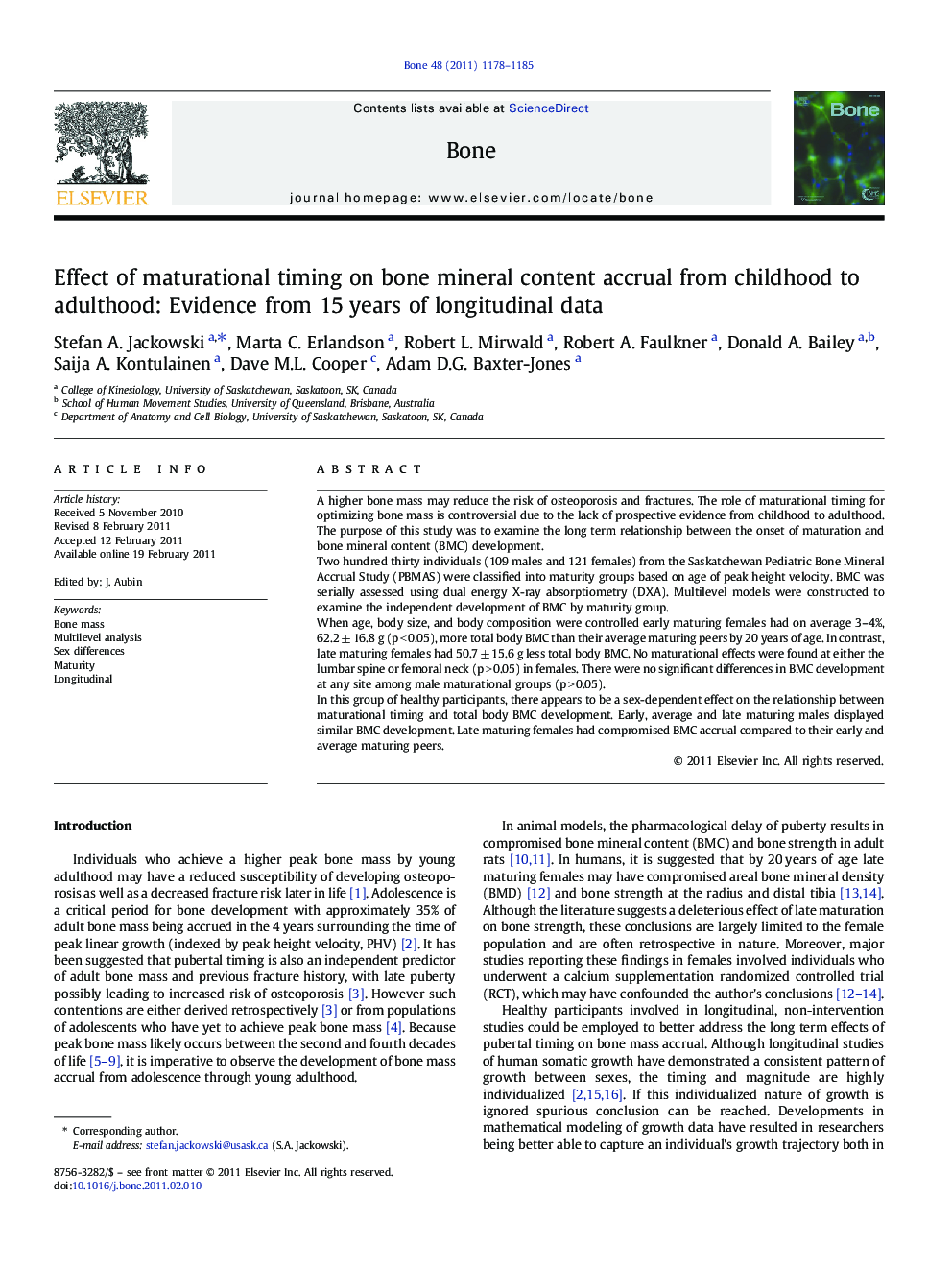 Effect of maturational timing on bone mineral content accrual from childhood to adulthood: Evidence from 15 years of longitudinal data