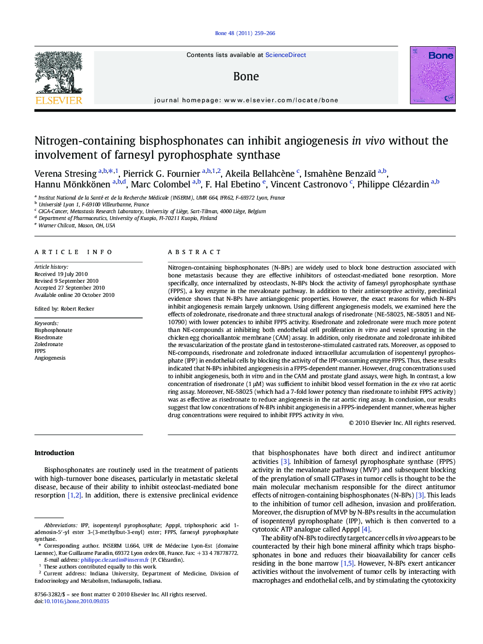 Nitrogen-containing bisphosphonates can inhibit angiogenesis in vivo without the involvement of farnesyl pyrophosphate synthase