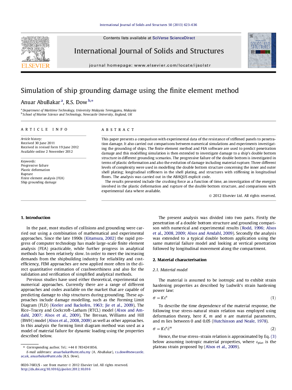 Simulation of ship grounding damage using the finite element method