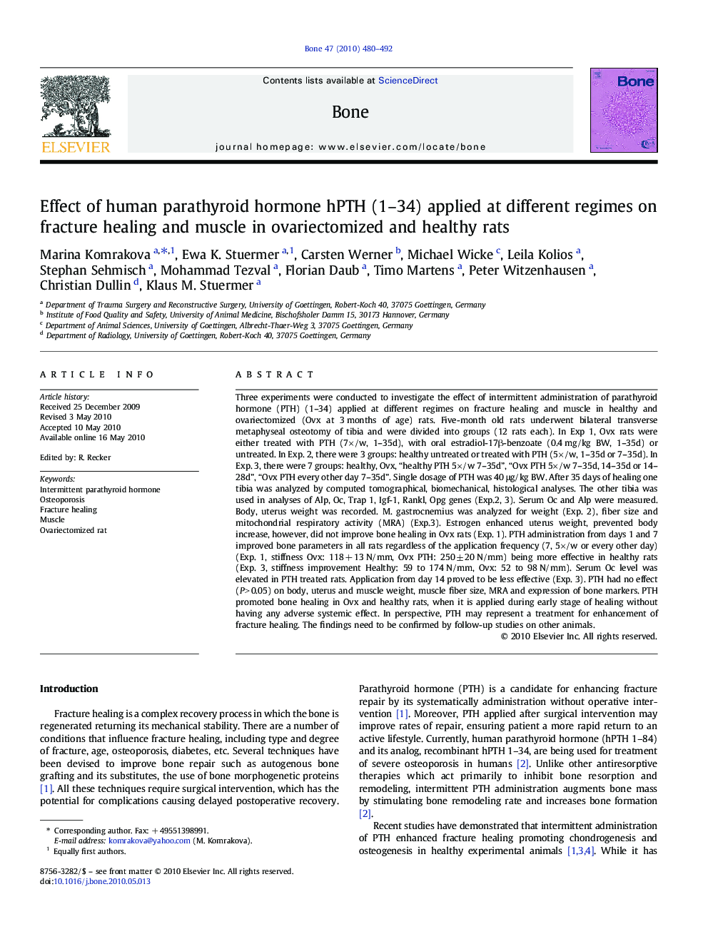 Effect of human parathyroid hormone hPTH (1–34) applied at different regimes on fracture healing and muscle in ovariectomized and healthy rats