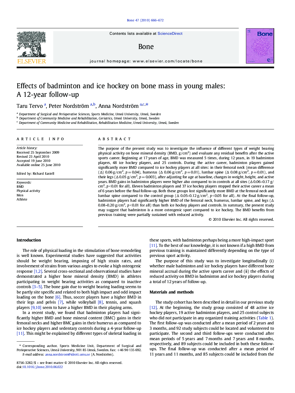 Effects of badminton and ice hockey on bone mass in young males: A 12-year follow-up