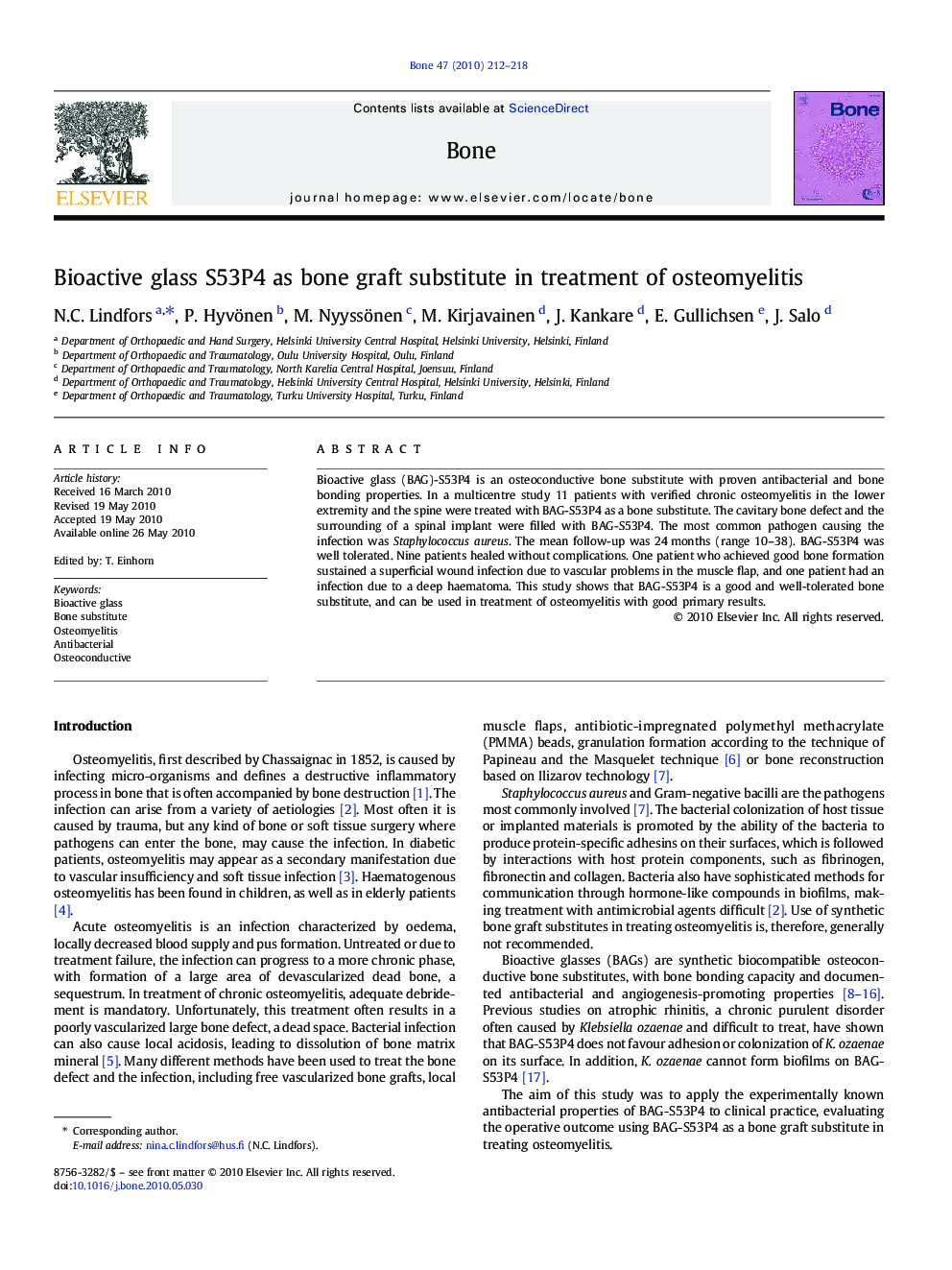 Bioactive glass S53P4 as bone graft substitute in treatment of osteomyelitis