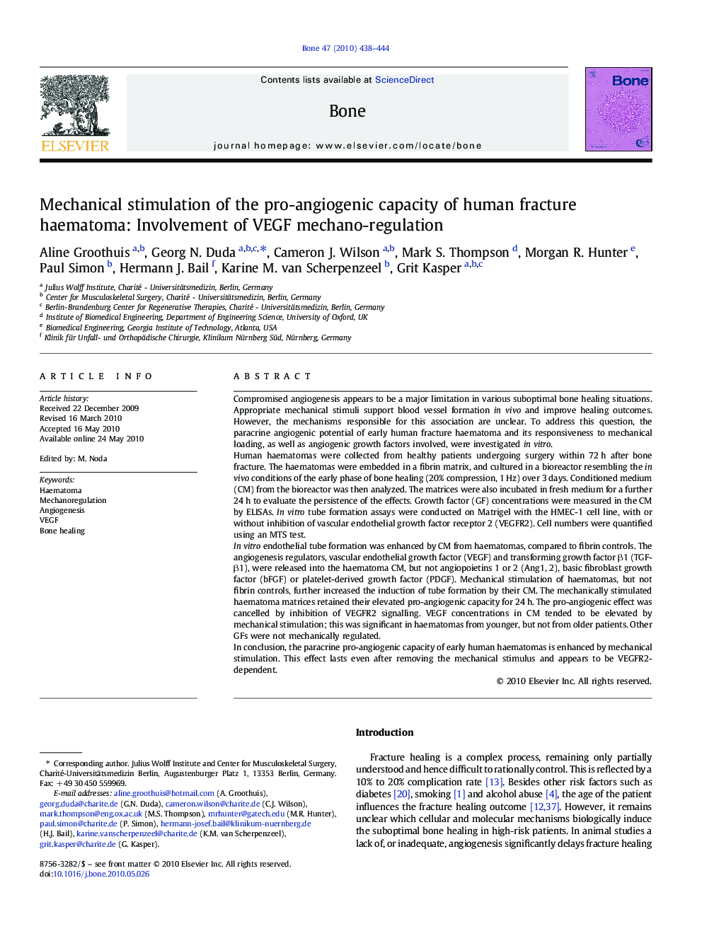 Mechanical stimulation of the pro-angiogenic capacity of human fracture haematoma: Involvement of VEGF mechano-regulation