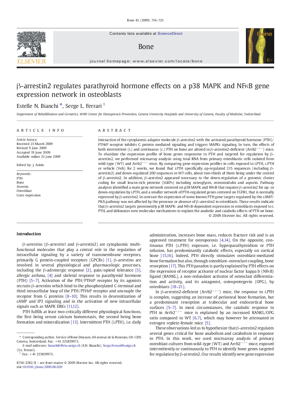 β-arrestin2 regulates parathyroid hormone effects on a p38 MAPK and NFκB gene expression network in osteoblasts